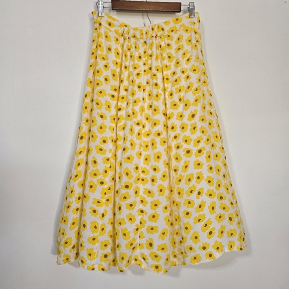 Faithfull The Brand Yellow Floral A-Line Midi Skirt S Button Front Pleated - Picture 8 of 9